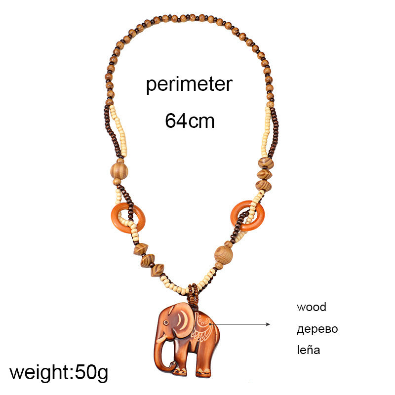 Collier Long en Bois avec Pendentif Éléphant